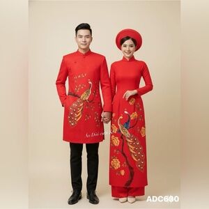 Elegant Red Áo Dài with Peacock Design